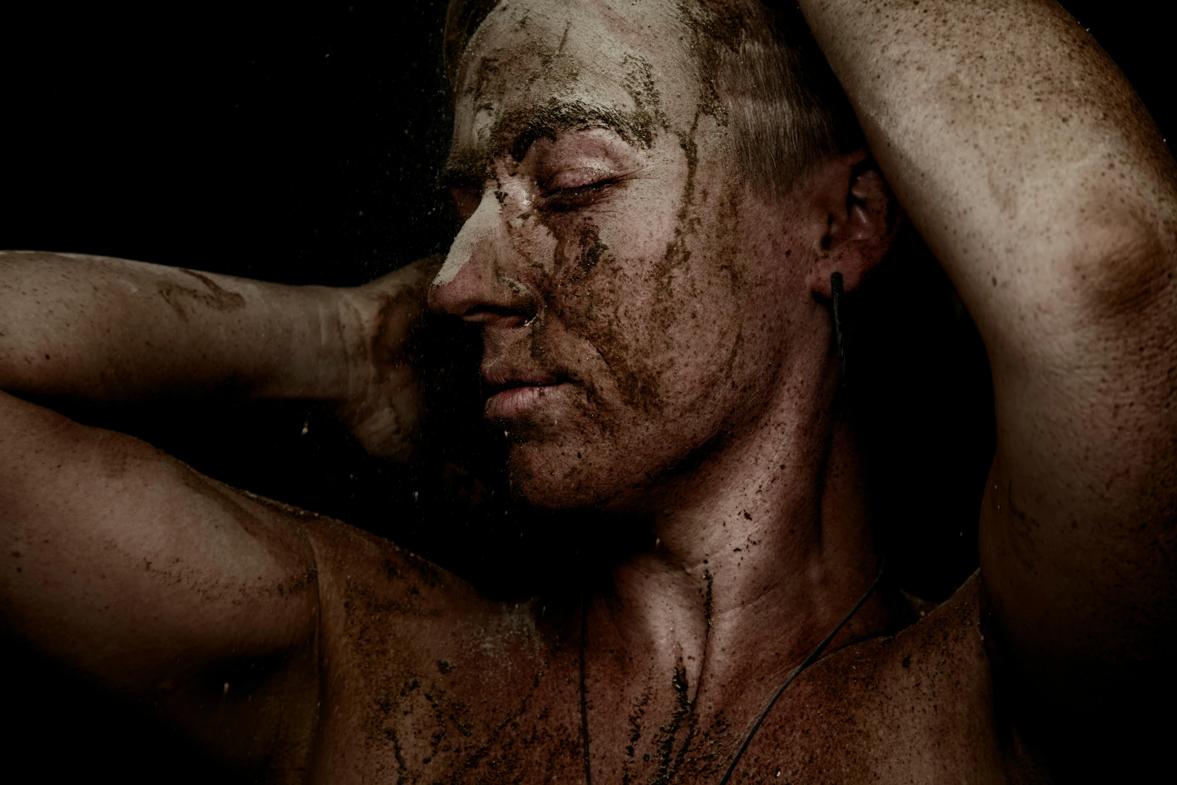 a shirtless man with mud all over his face, an album cover, inspired by Elsa Bleda, pexels contest winner, renaissance, blonde man, ultra textured, mid night, cleanshaven!