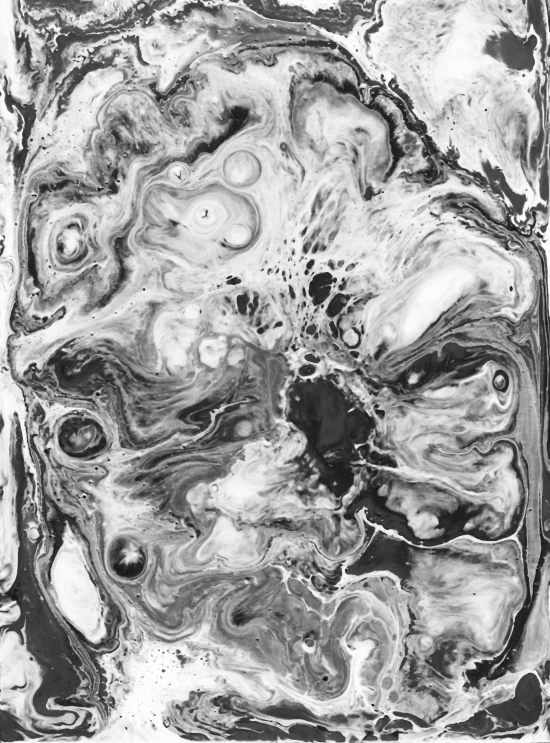 a black and white photo of a marble slab, an abstract drawing, by Tony Szczudlo, face melting into the universe, swirling paint colors, digital art - n 9, made of oil and water