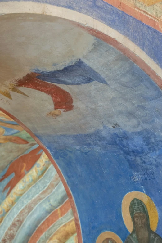 a painting on the ceiling of a church, inspired by Andrei Rublev, muted blue and red tones, rounded roof, very sparse detail, descending from the heavens
