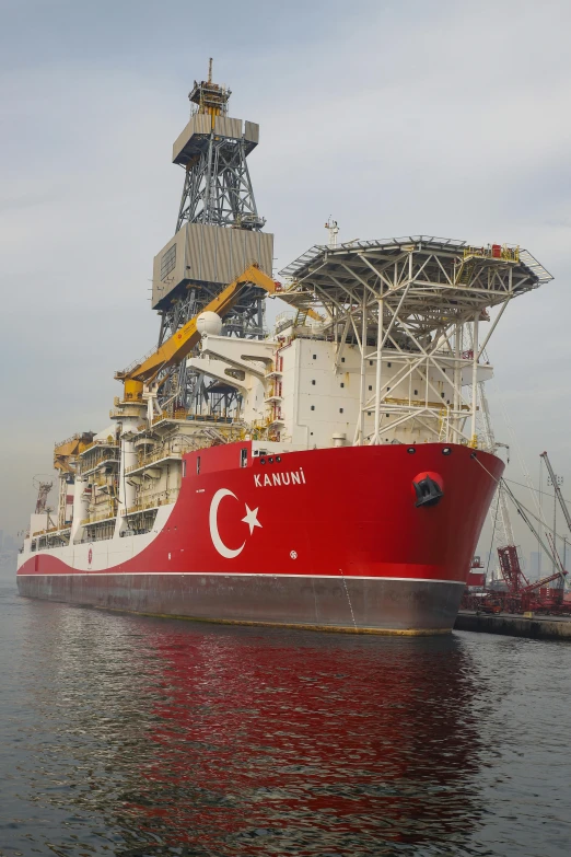 a large red and white boat in a body of water, hurufiyya, oil rig, square, erak note, taken in 2022