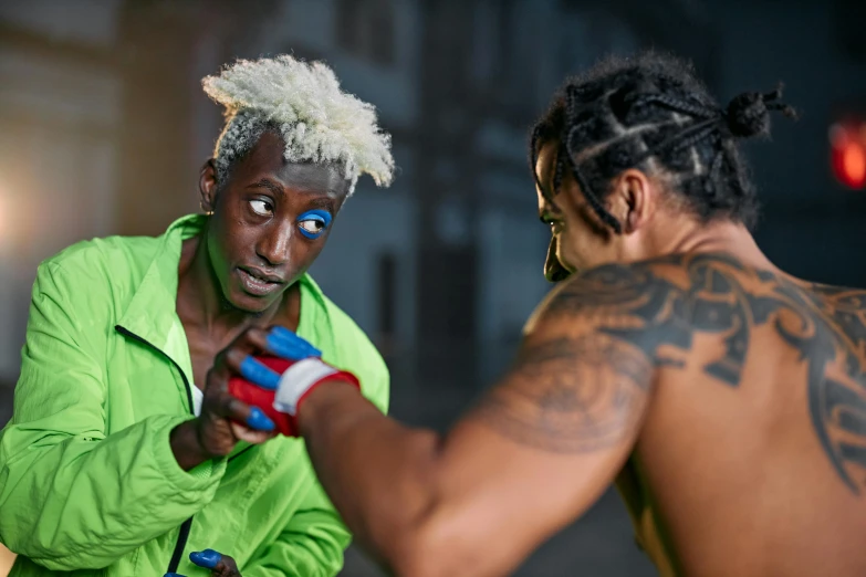 a couple of men standing next to each other, a photo, pexels contest winner, afrofuturism, clowns boxing, square, blue dreadlocks, working out