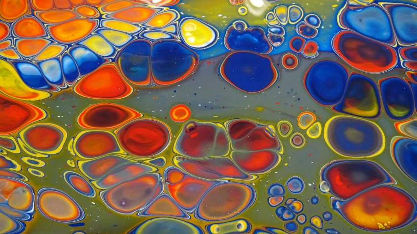 a close up of a colorful painting on a table, a detailed painting, inspired by Yahoo Kusama, flickr, liquid translucent amber, chartreuse and orange and cyan, 144x144 canvas, colorful photograph