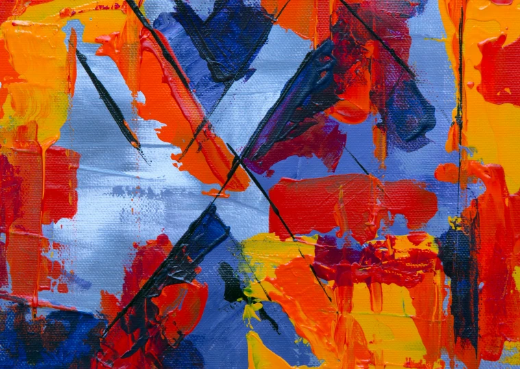 an abstract painting with red, yellow and blue colors, inspired by David Bomberg, pexels contest winner, blue and orange, paint knife, 144x144 canvas, split - complementary - colors