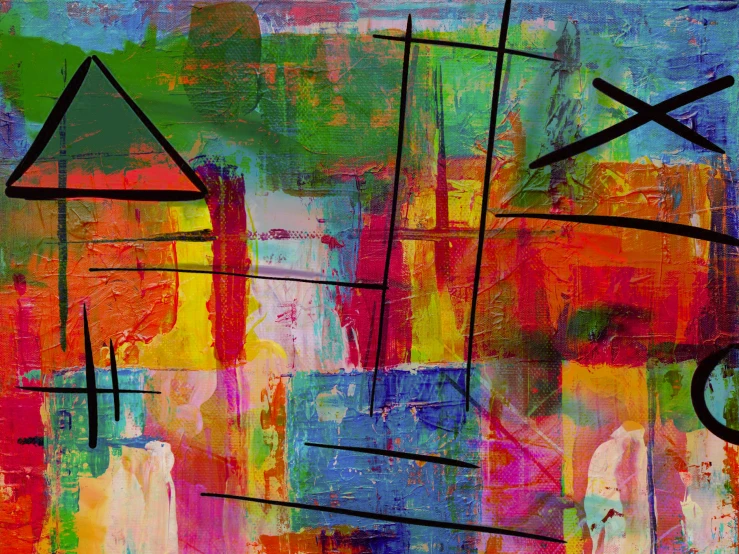 a painting with different colors and shapes on it, pexels contest winner, abstract expressionism, flying arrows, trending on saatchi art, colorful signs, grungy; colorful