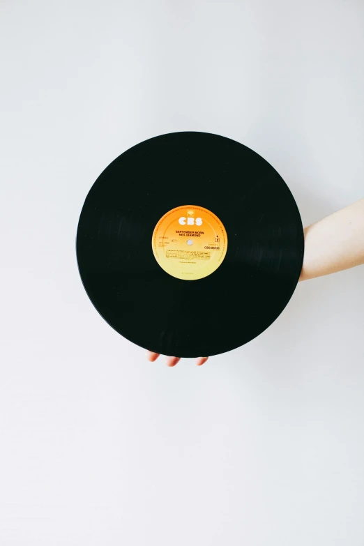 a person holding a vinyl record in their hand, an album cover, trending on pexels, plain background, detailed product image, very large, half turned around