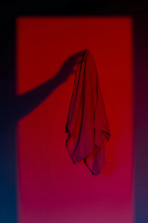 a person holding an umbrella in front of a red and blue background, a picture, by Nathalie Rattner, conceptual art, towels, dark red, shadowed, red