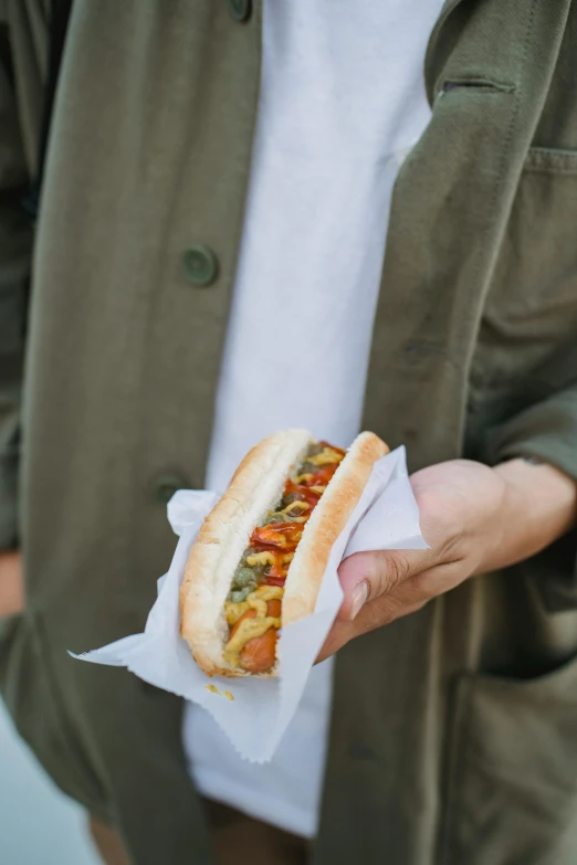 a close up of a person holding a hot dog, unsplash, renaissance, square, brocade, market, cheesy