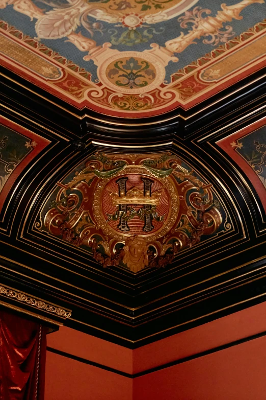 a close up of a ceiling with a clock on it, inspired by Carlo Crivelli, in the gryffindor common room, baroque color palette, slanted ceiling, symmetrical details