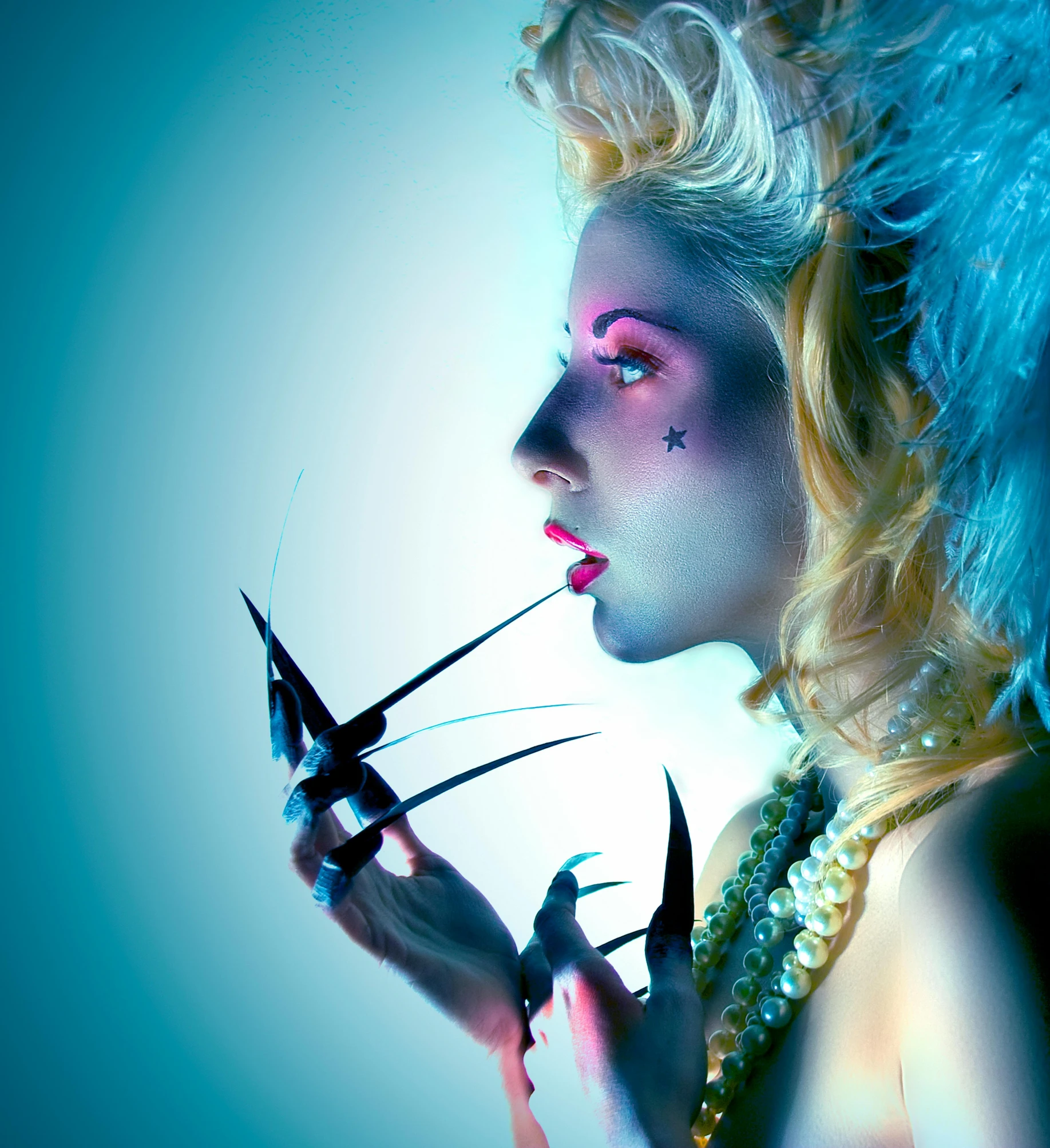 a close up of a person holding a bird, inspired by David LaChapelle, featured on cgsociety, pop surrealism, dramatic blue lighting, spiked, marie antoinette, eating