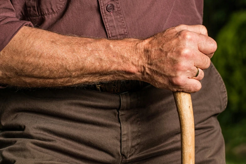a close up of a person holding a wooden stick, older male, khakis, vascularity, multiple stories
