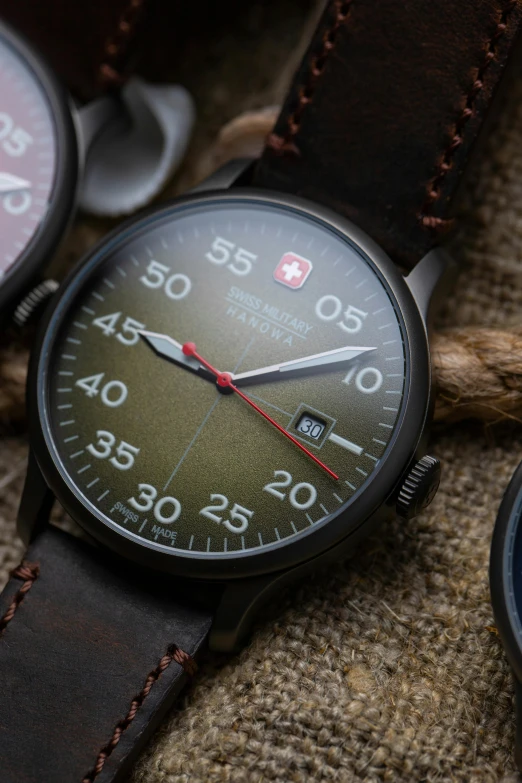 a couple of watches sitting next to each other, a portrait, inspired by Josef Čapek, reddit, dynamic closeup, vintage pilot clothing, thumbnail, chocolate. rugged