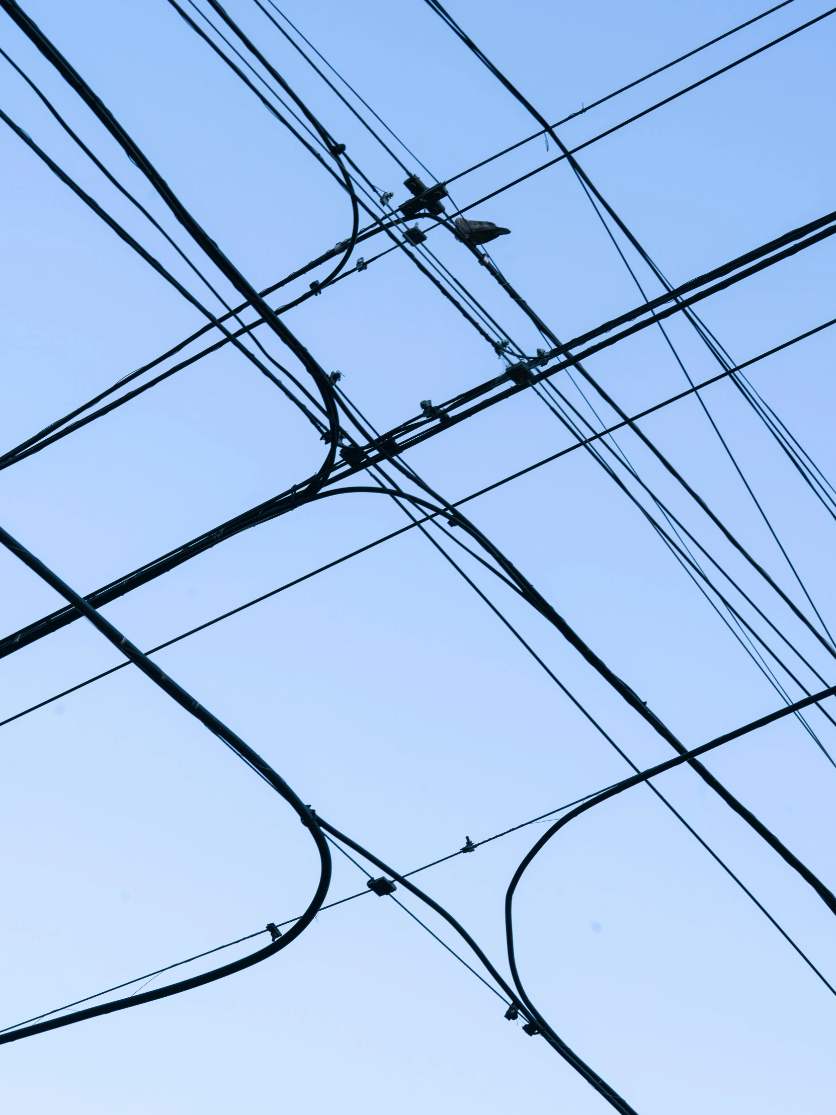 a bunch of power lines and wires against a blue sky, by Carey Morris, unsplash, complex ceiling, railways, ilustration, plain background