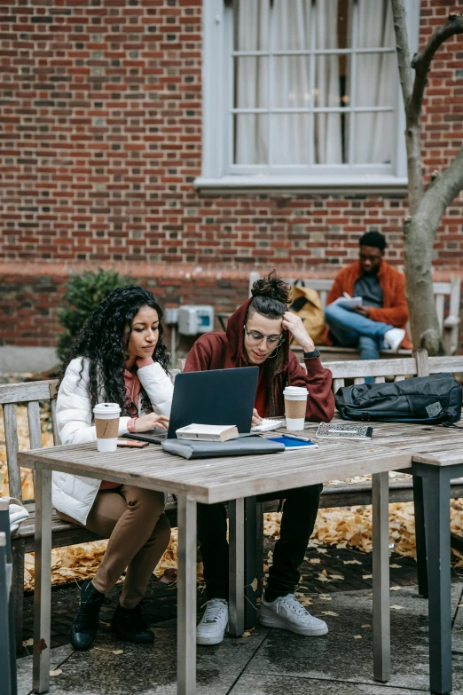 a couple of people sitting at a table with a laptop, trending on pexels, academic art, school courtyard, fall season, brown, rhode island