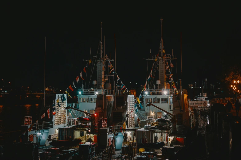 a couple of boats that are sitting in the water, by Jens Søndergaard, pexels contest winner, hurufiyya, at night time, standing on ship deck, big graphic seiner ship, ready to eat