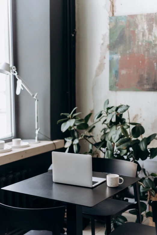 a laptop computer sitting on top of a wooden table, trending on unsplash, modernism, large potted plant, cafe tables, grey, dwell