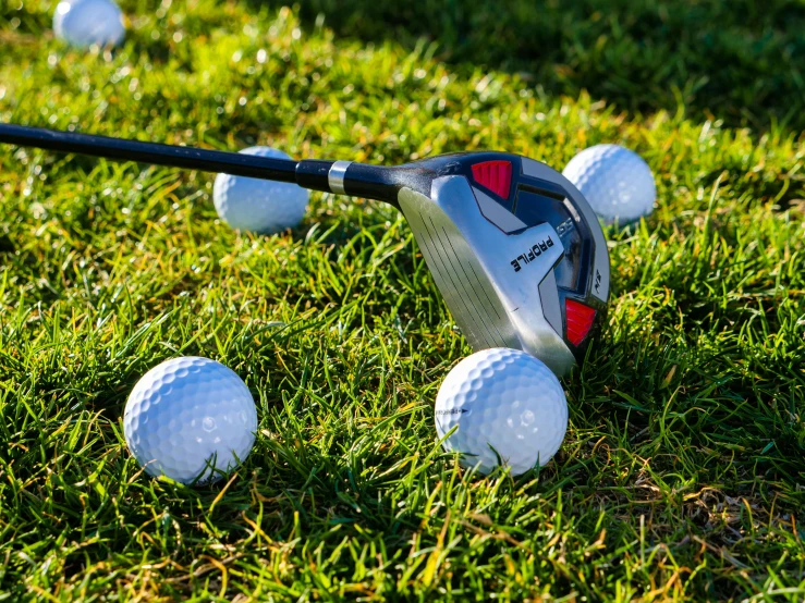 a golf club and golf balls on the grass, by Tom Wänerstrand, cobra, avatar image, fan favorite, wideangle action, toys