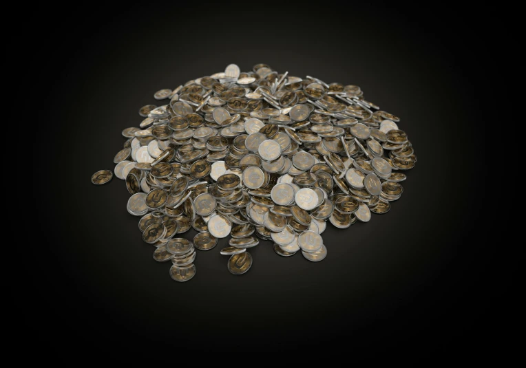 a pile of coins on a black background, polycount, highly detailed textured 8k, subsurface scatter, 16k 3d