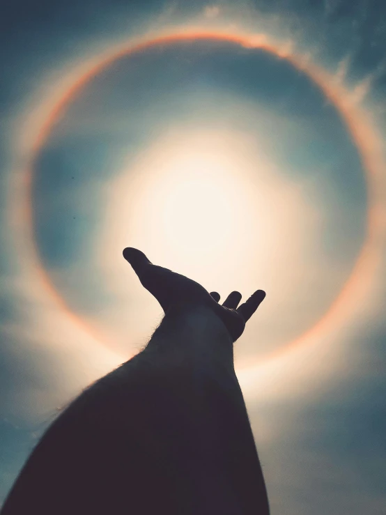 a person reaching up to a halo in the sky, a hologram, pexels contest winner, enso, harsh sunlight, holding hand, low quality photo