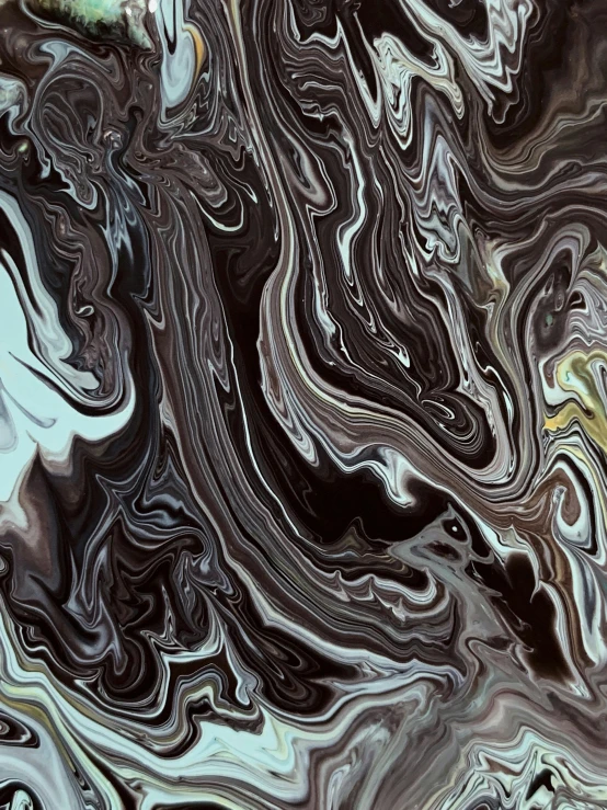 a close up of a black and white marble pattern, an abstract painting, trending on pexels, generative art, dark chocolate painting, happy trippy mood, liquid glass, brown