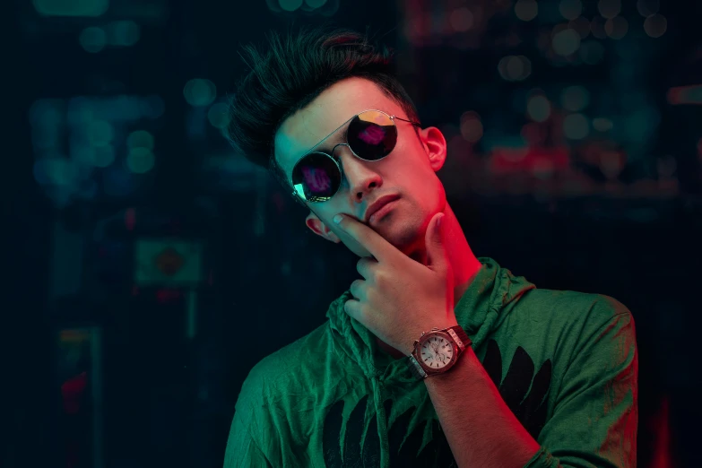 a man wearing sunglasses and a green shirt, an album cover, inspired by Liam Wong, trending on pexels, hyperrealism, wears a watch, nightlife, teen boy, luts