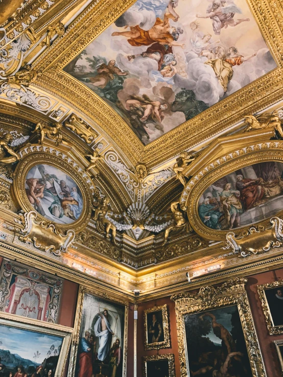 a room with a lot of paintings on the ceiling, inspired by Charles Le Brun, trending on unsplash, rococo, 2 5 6 x 2 5 6 pixels, golden details, julia sarda, tourist photo