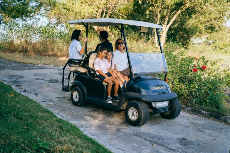 a group of people riding on top of a golf cart, a portrait, by Ella Guru, unsplash, avatar image, resort, conde nast traveler photo, graphic print