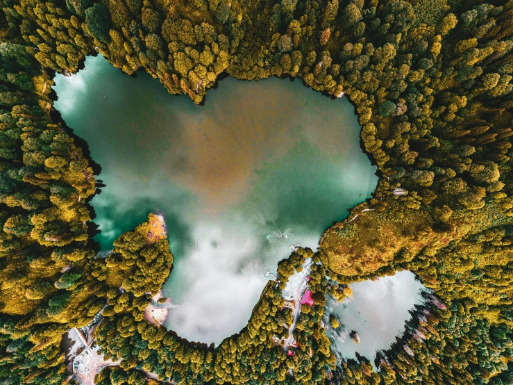 an aerial view of a lake surrounded by trees, by Sebastian Spreng, pexels contest winner, land art, shaped focus, ultrawide lens”, instagram photo