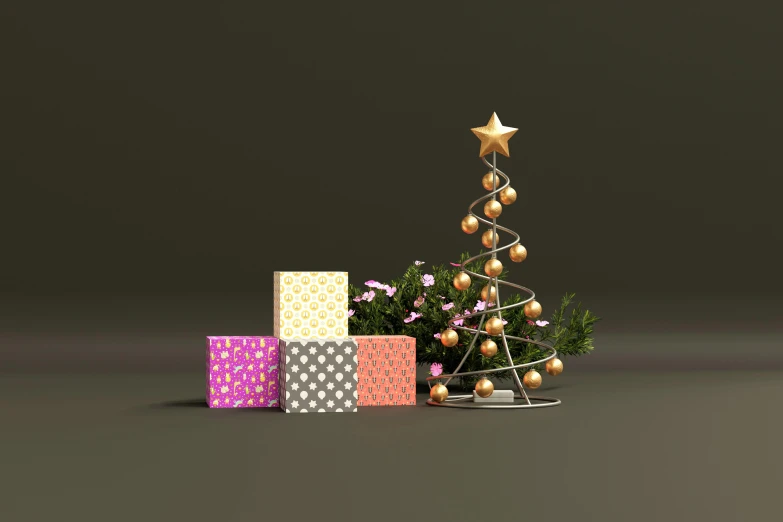 a christmas tree with presents next to it, a 3D render, by Chris Rallis, with flowers and plants, substance 3 d, gold, 3 d render n - 9