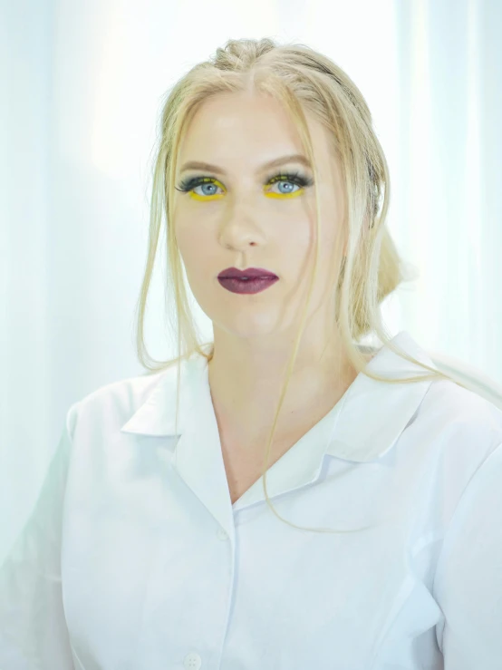 a woman in a white shirt posing for a picture, a colorized photo, inspired by Louisa Matthíasdóttir, unsplash, yellow makeup, with a lab coat, katheryn winnick, color photograph portrait 4k