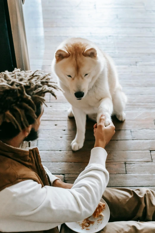 a man sitting on the floor next to a dog, trending on unsplash, renaissance, holding hands, mixed race, japandi, hemp