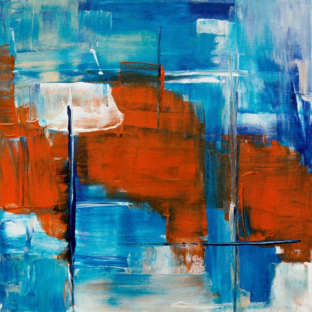 an abstract painting with blue, orange and white colors, trending on pixabay, abstract art, red and blue reflections, square, ntricate oil painting, turquoise and venetian red