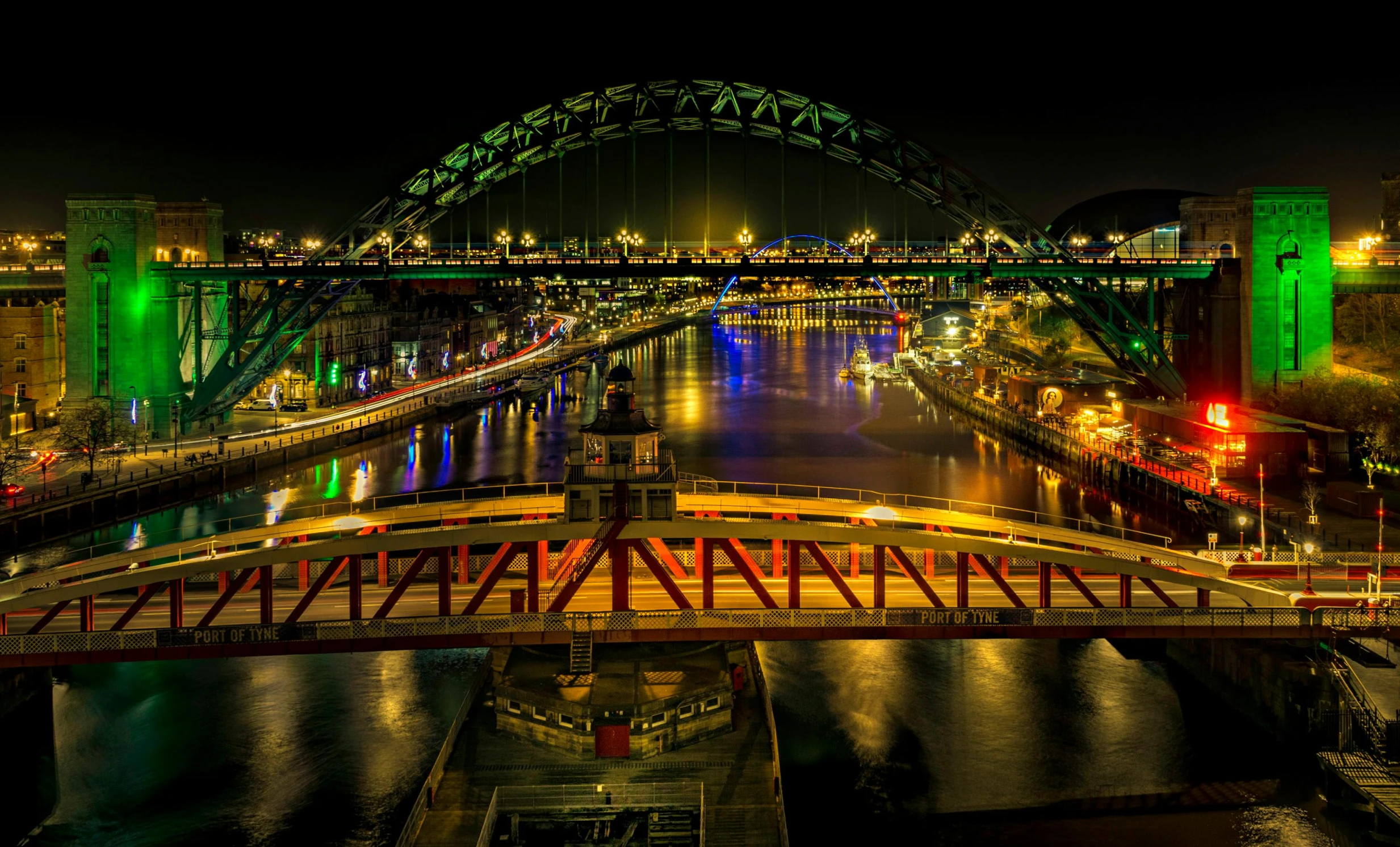 the tyne bridge lit up in green for st patrick's day, a photo, pexels contest winner, renaissance, panoramic, brown, slide show, retro style ”