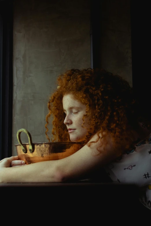 a woman sitting at a table looking out a window, inspired by Gerrit Dou, pexels contest winner, renaissance, red curled hair, medium format, ignant, portrait of morning coffee