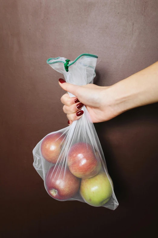 a person holding a bag full of apples, a still life, pexels, plasticien, made of plastic, no - text no - logo, 9, eco