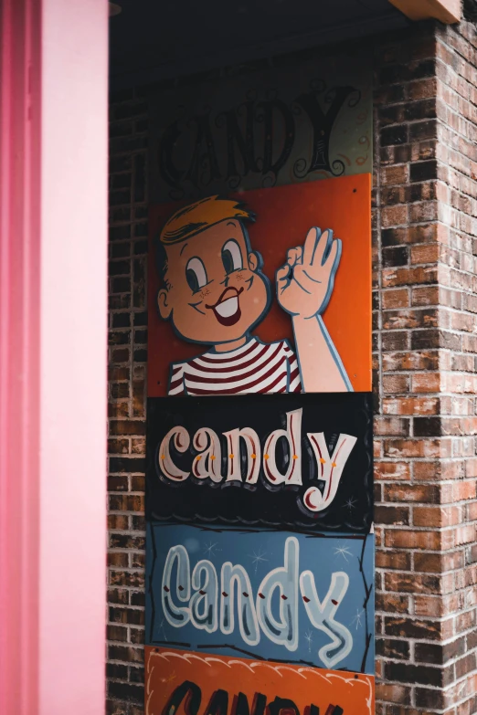 a sign for candy candy candy candy candy candy candy candy candy candy candy candy candy candy candy candy candy candy candy candy candy candy candy candy candy, by Daniel Lieske, trending on pexels, graffiti, new orleans, lo fi colors, vintage disney