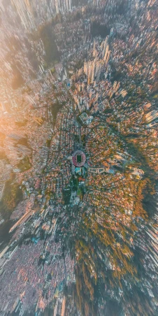 a bird's eye view of a city with tall buildings, by Luis Miranda, pexels contest winner, art nouveau, favela spaceship cathedral, epic scale fisheye view, bird\'s eye view, seen from space