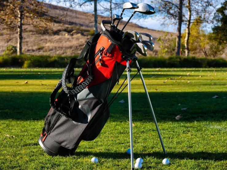 a bag of golf clubs sitting on top of a green field, posing for camera, red and orange color scheme, crutches, promo image