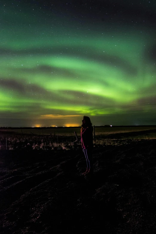 a person standing in the middle of a field under an auroral sky, yeg, posing!!, green lights, silhouette!!!