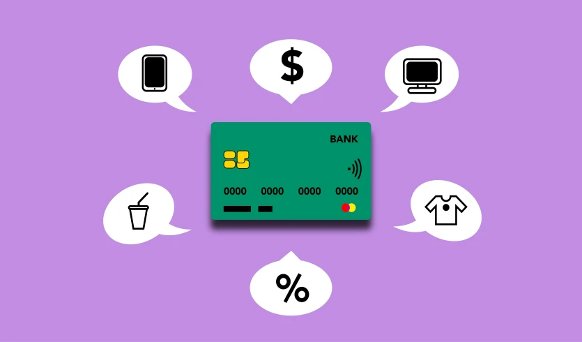 a green credit card surrounded by speech bubbles, a diagram, lofi vibe, hot bank, simple, featured