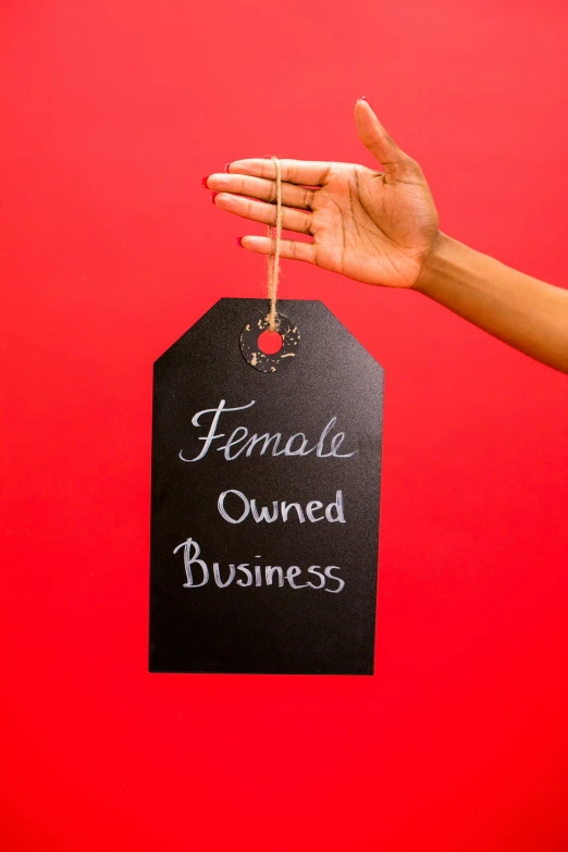 a woman holding a sign that says female owned business, by Gwen Barnard, trending on pexels, square, made of glazed, felix kelly, f/1.4