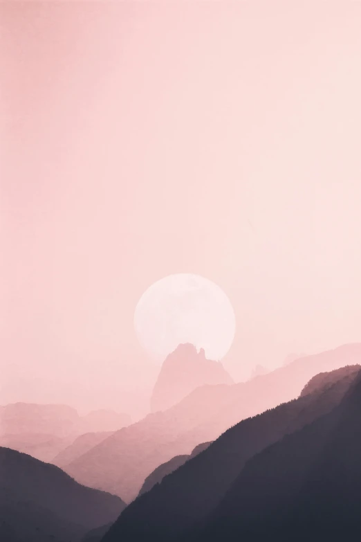 a silhouette of a person standing on top of a mountain, a minimalist painting, pexels contest winner, romanticism, giant pink full moon, soft colors mono chromatic, valley mist, minimal pink palette