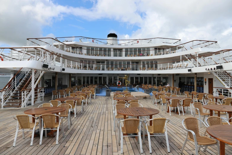 the deck of a cruise ship with tables and chairs, a portrait, by Gavin Hamilton, unsplash, art nouveau, avatar image, restored, white, burned