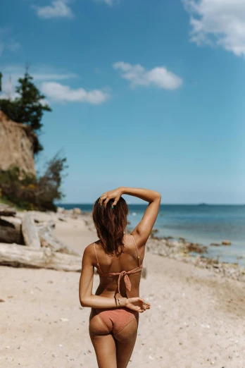 a woman in a bikini walking on a beach, a picture, by Anna Boch, unsplash, renaissance, showing her shoulder from back, denmark, sunny day, shot with hasselblad