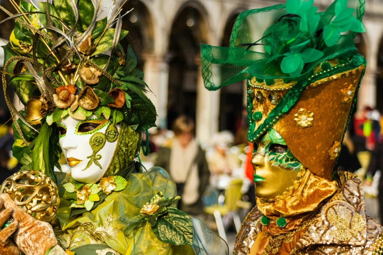 a couple of people that are standing next to each other, by Giuseppe Avanzi, pexels contest winner, renaissance, wearing elaborate green and gold, masked, seasonal, venetian glass