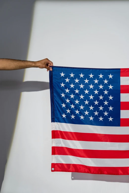 a person holding an american flag in front of a white background, an album cover, unsplash, reza afshar, multiple stories, closeup - view, los angeles 2 0 1 5