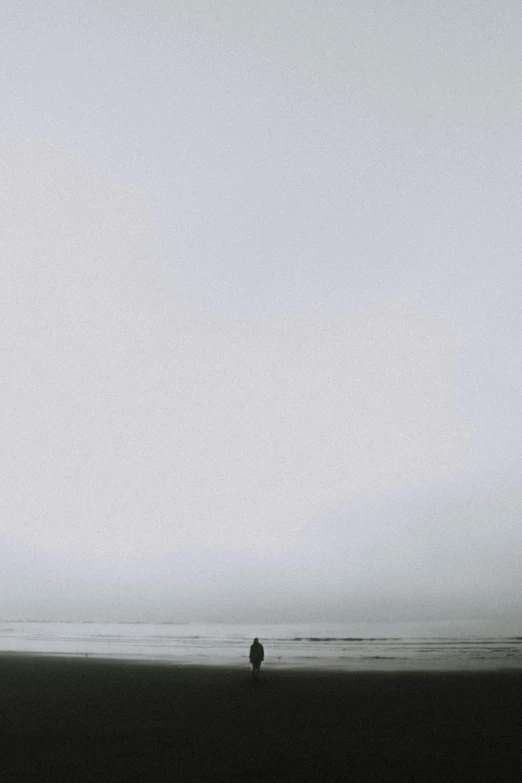 a person standing on top of a beach next to the ocean, by Adam Pijnacker, minimalism, foggy rainy day, 2 5 6 x 2 5 6 pixels, photo pinterest, carson ellis