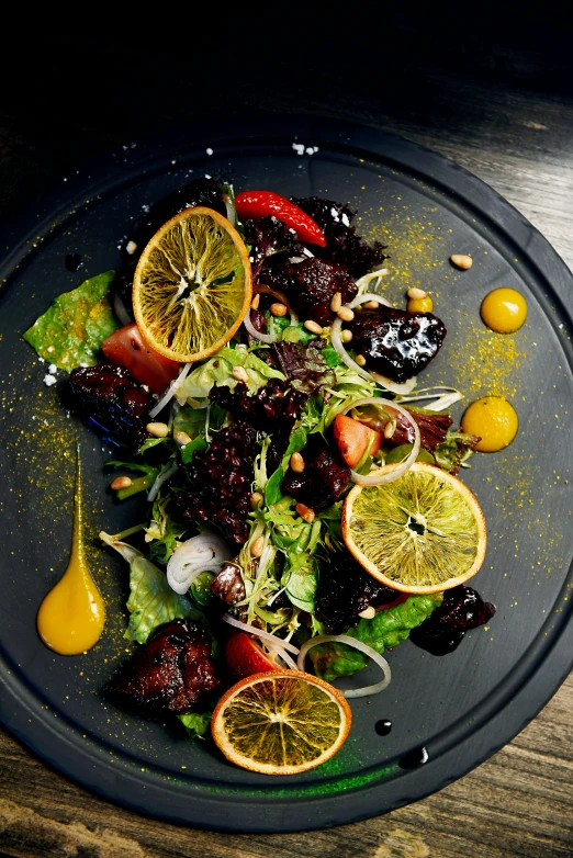 a close up of a plate of food on a table, vanta black, salad, thumbnail, maroon