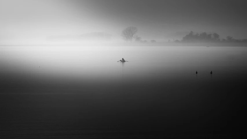 a person in a body of water with a surfboard, a black and white photo, by Gusztáv Kelety, unsplash contest winner, minimalism, artistic swamp with mystic fog, 4k serene, farming, sitting alone