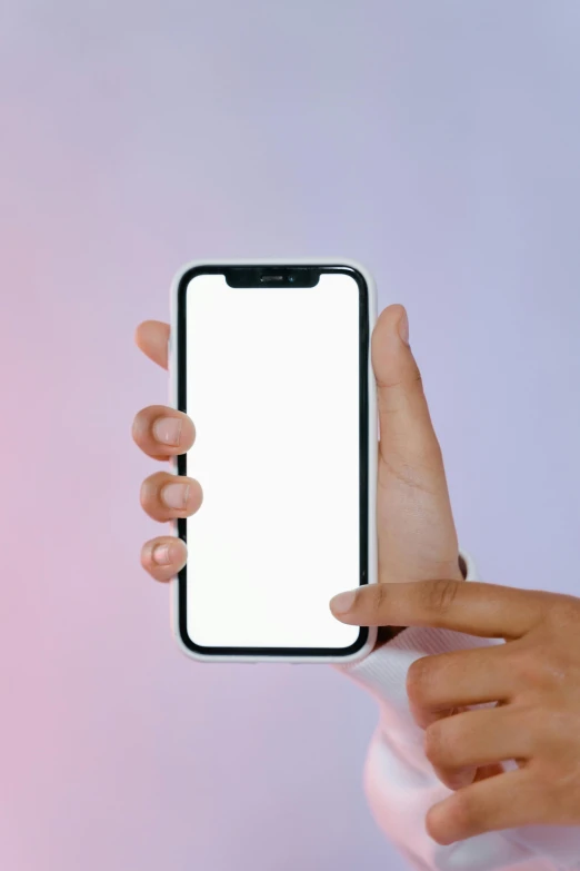 a woman holding a smart phone with a blank screen, trending on pexels, color field, pearlescent white, tiktok video, 1 4 5 0, zoomed out