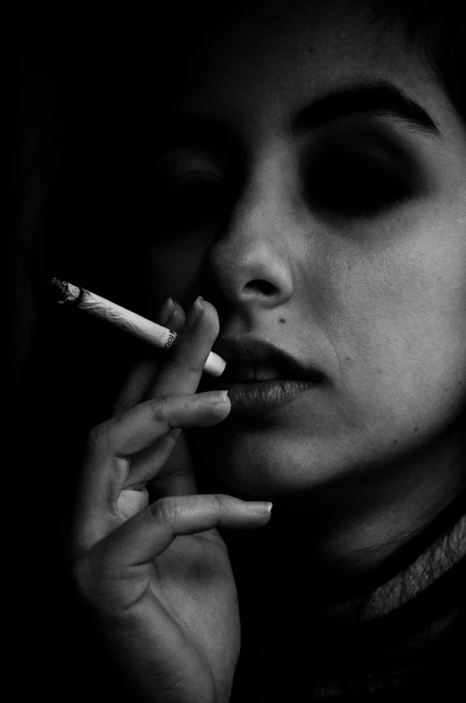 a woman smoking a cigarette in the dark, a black and white photo, inspired by irakli nadar, hyperrealism, daily deviation on deviantart, pose 4 of 1 6, darkwave goth aesthetic, then another